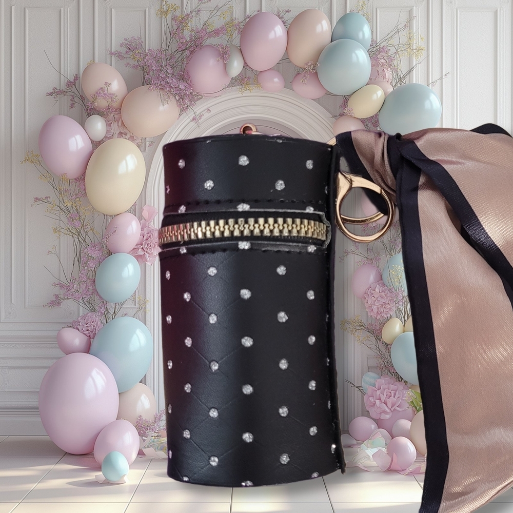 Stylish Black Cylinder Essentials Bag with Silver Rhinestone Accents